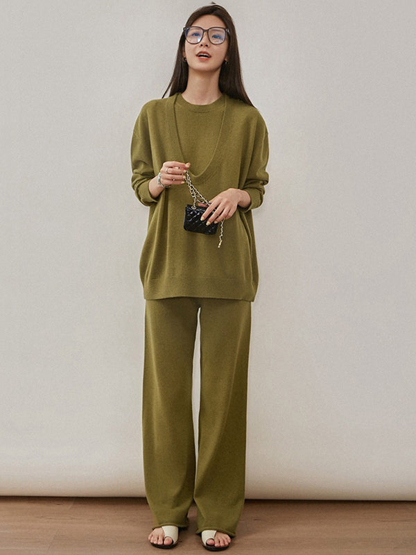flowersverse Urban Loose Solid Round-Neck Vest Top& V-Neck Sweater Tops& Wide Leg Pants Three-Piece Set