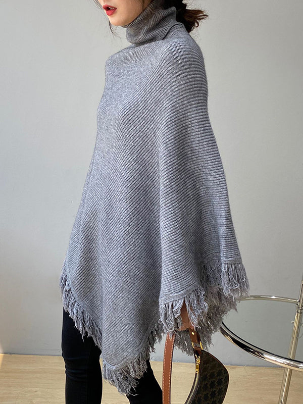 flowersverse Casual Loose Tasseled Solid Color High-Neck Sweater Tops