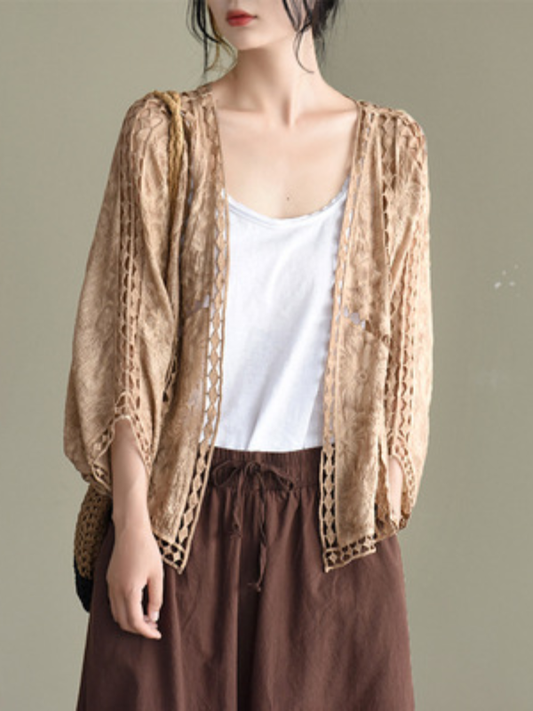 flowersverse Seven-Quarter Sleeves Crochet Hollow Solid Color Outerwear