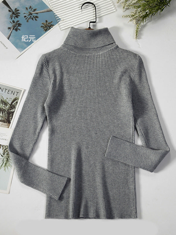 flowersverse Simple Skinny Solid Color High-Neck Sweater Tops