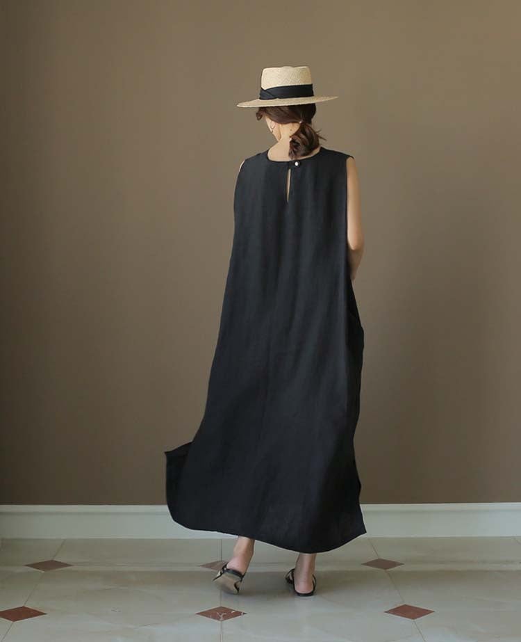 flowersverse Loose Cotton Vest Dress New Round Neck Sleeveless Long Dress Linen