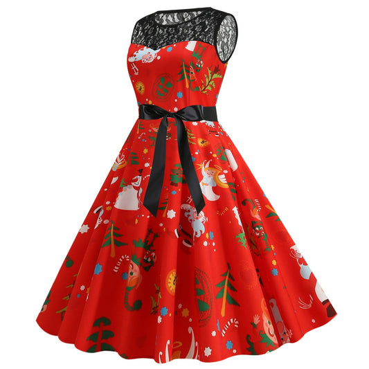 flowersverse Women's Dress Christmas Vestidos Mujer Sleeveless Lace 1950s Housewife Evening Party Dress Vintage Elegant Dresses With Sashes