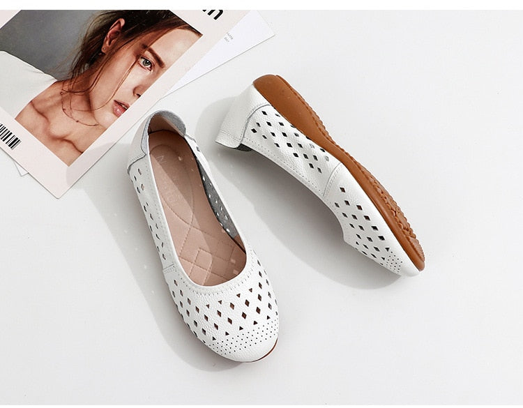 flowersverse Spring Genuine Leather Flat Summer Shoes Women Casual Hollow Breathable Soft Bottom Ladies Flats Plus Size 35-43