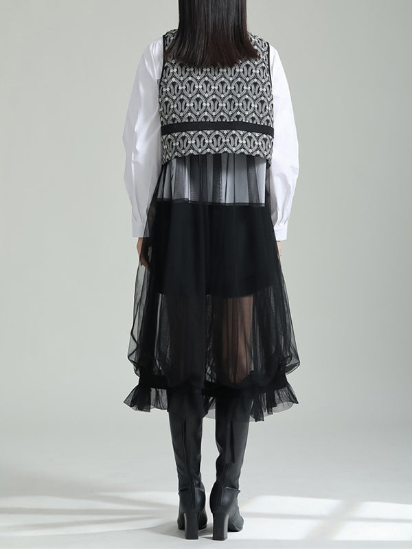 flowersverse Gauze Jacquard Split-Joint Loose V-neck Vest Outerwear