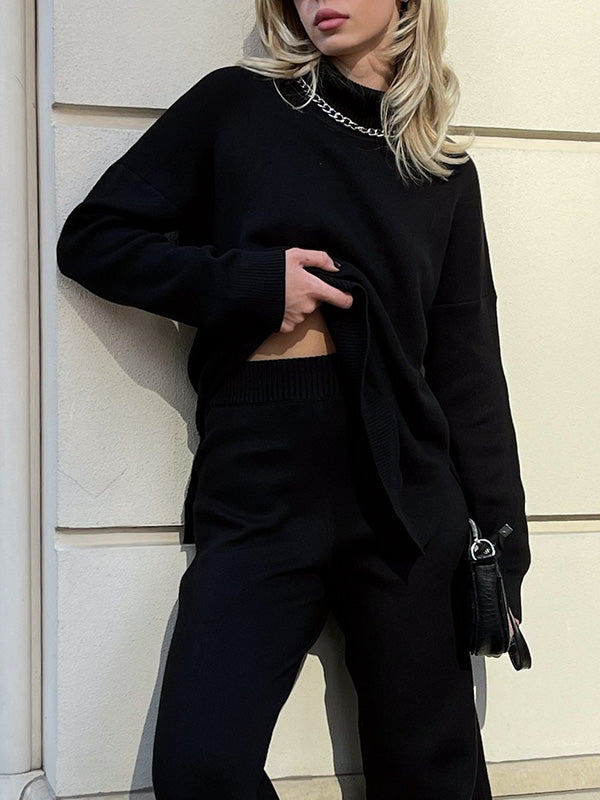 flowersverse Casual Loose Long Sleeves Split-Side Solid Color High-Neck Sweater Tops