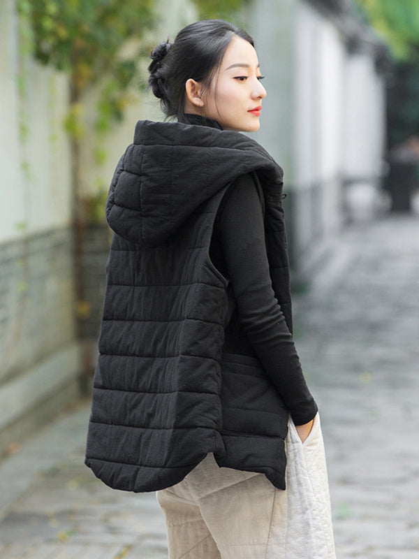 flowersverse Simple Sleeveless Loose Keep Warm Cotton Quilted Solid Color Hooded Vest Outerwear