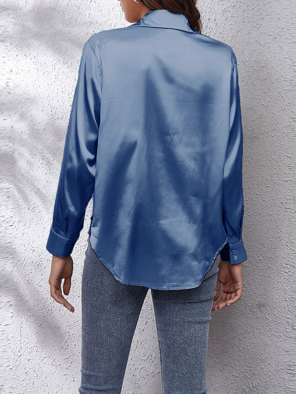 flowersverse Solid Color Long Sleeves Loose Lapel Blouses&Shirts Tops