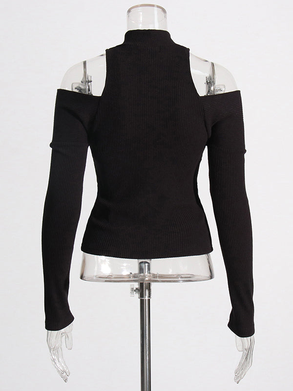 flowersverse Hollow Split-Joint Zipper Long Sleeves Skinny High-Neck Sweater Tops Pullovers