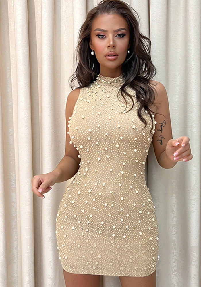 flowersverse Half-High Collar Mesh Beaded Slim Sexy Bodycon Dress