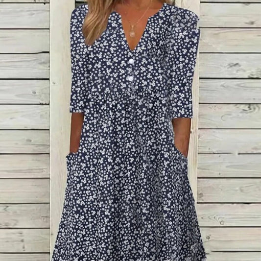 flowersverse Women's Casual Dress Midi Dress Navy Blue Half Sleeve Floral Ruched Summer Spring V Neck Basic Loose Fit S M L XL XXL 3XL