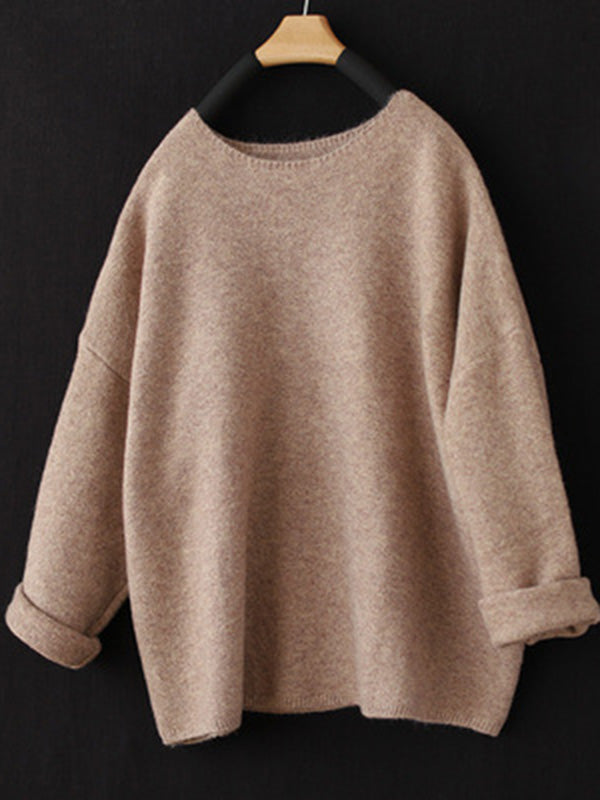 flowersverse Simple Long Sleeves Loose Solid Color Round-Neck Sweater Tops