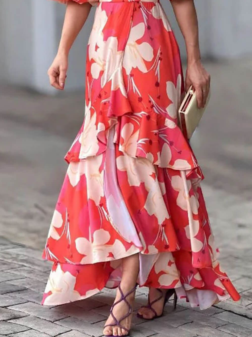 flowersverse Elegant V-Neck Printed Layered Dress