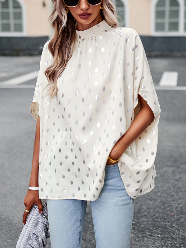 flowersverse Bandage Polka Dot Loose Round-Neck Blouses&Shirts Tops