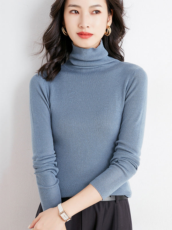 flowersverse Simple Skinny Long Sleeves Solid Color High-Neck Sweater Tops Pullovers