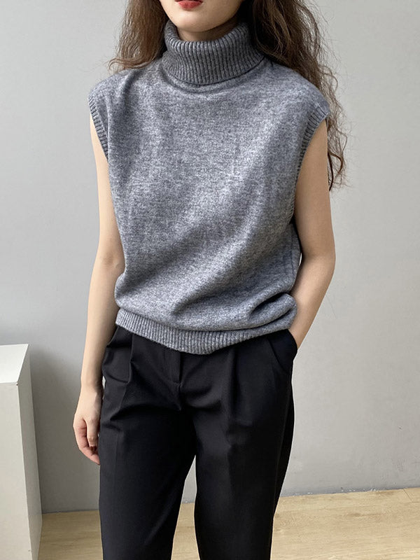 flowersverse Simple Loose Solid Color High-Neck Knitting Vest Top