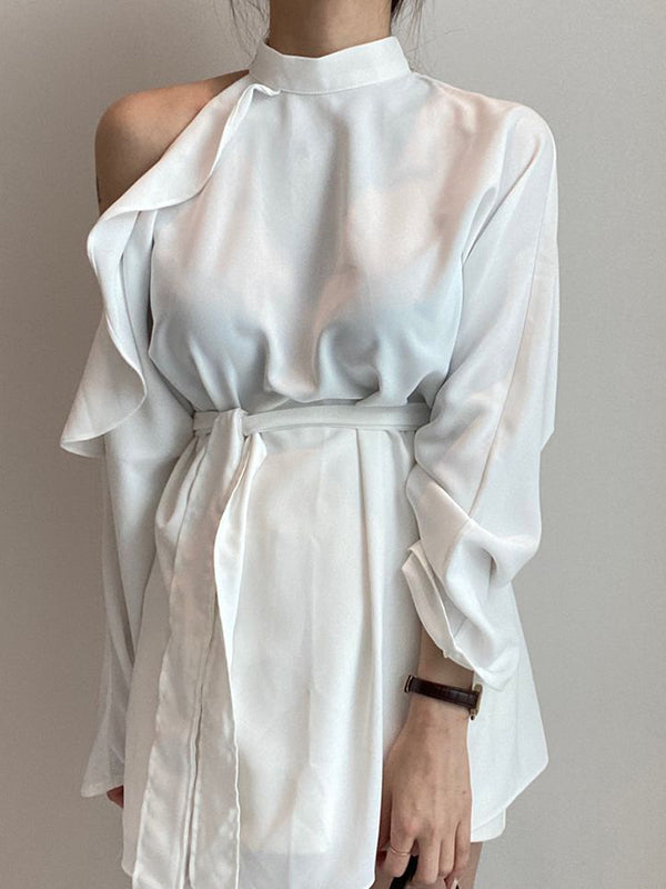 flowersverse Asymmetric Hollow Ruffled Solid Color Tied Waist Long Sleeves Loose Mock Neck Blouses&Shirts Tops