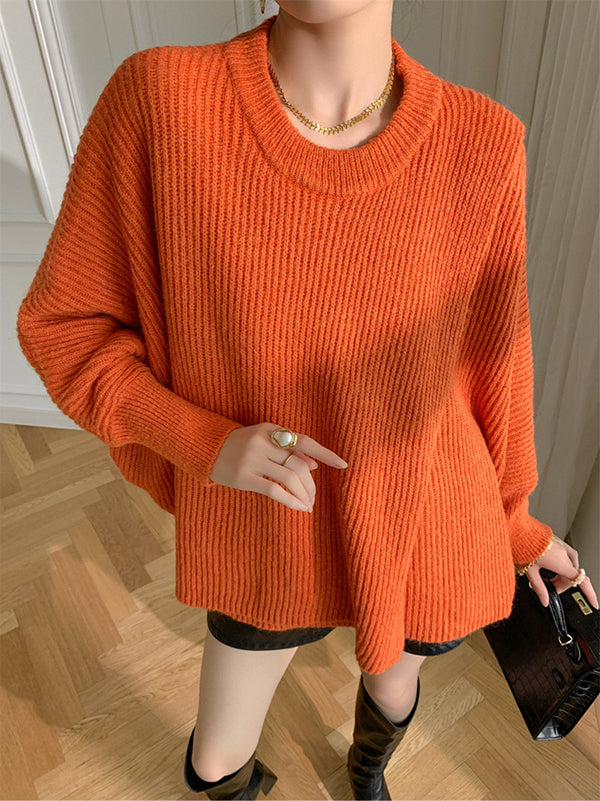 flowersverse Irregularity Loose Solid Color Batwing Sleeves Round-Neck Sweater Tops