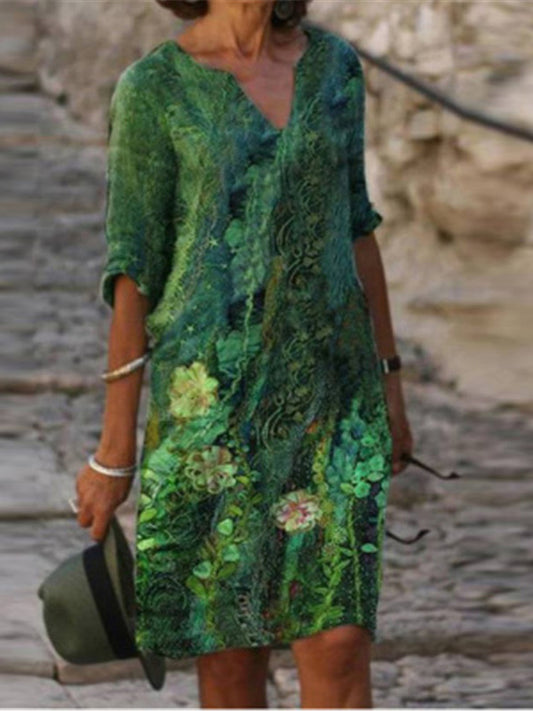 flowersverse Original Printing V-Neck Short Sleeve Mini Dress