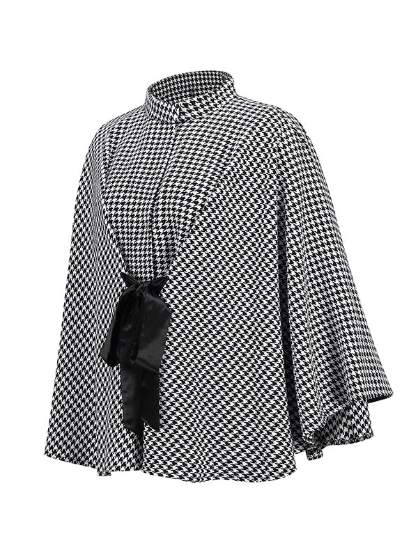 flowersverse Houndstooth Tied Waist Batwing Sleeves Long Sleeves Stand Collar Outerwear Cape