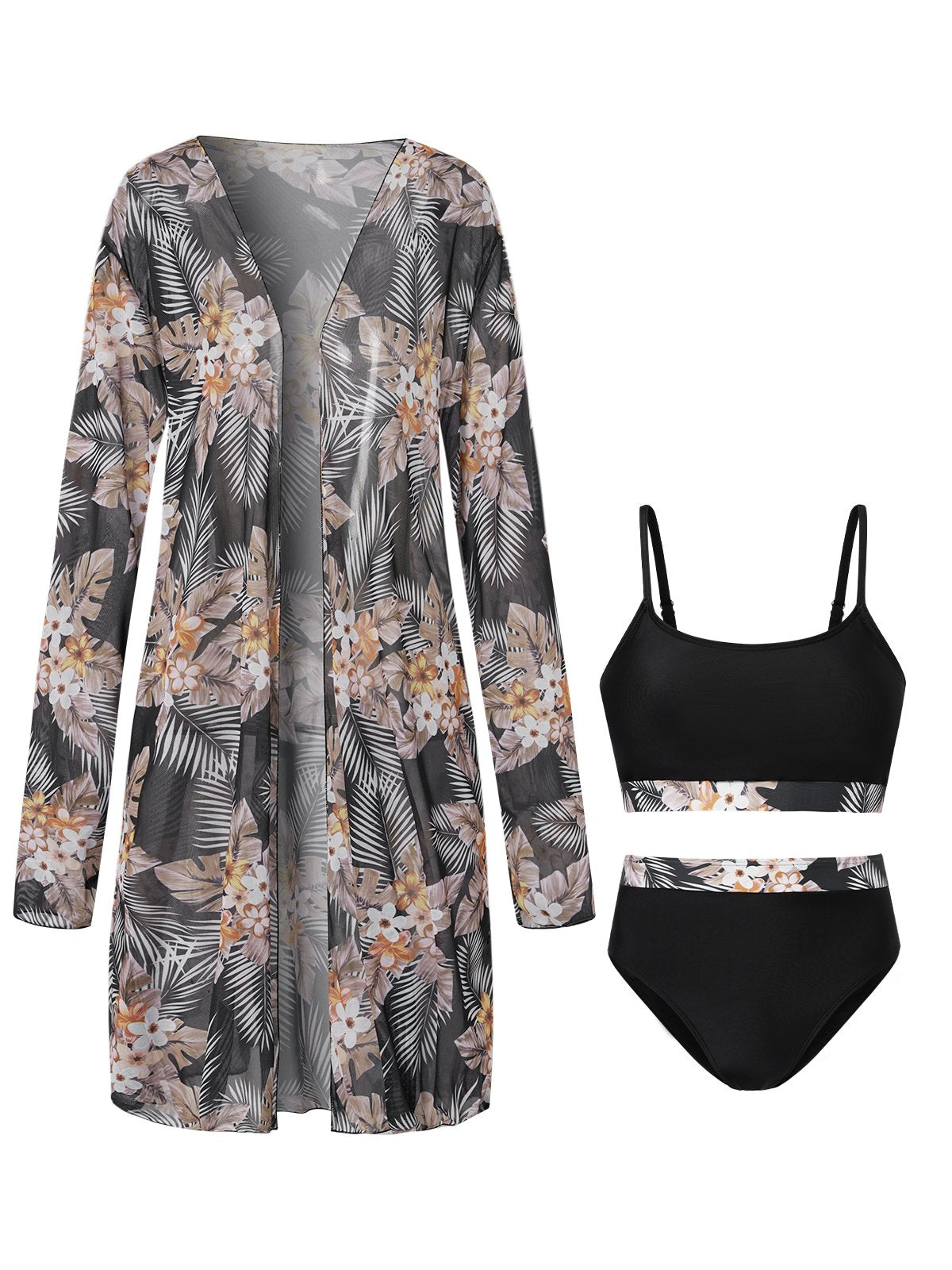 flowersverse Elegant Plants Printing Scoop Neck Bikinis set Three-Piece Set