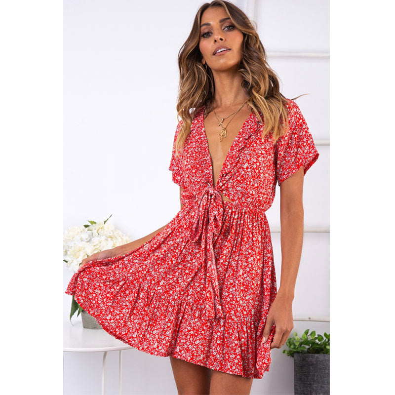 flowersverse Sexy Deep V Ruffled Floral Ladies Dress