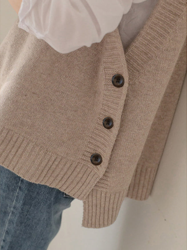 flowersverse Simple Sleeveless Loose Buttoned Solid Color Round-Neck Sweater Vest Outerwear