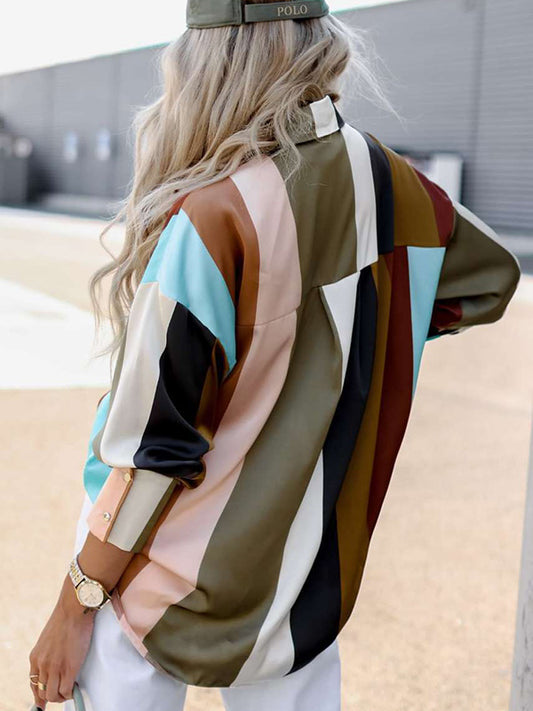 flowersverse Stylish Selection Long Sleeves Loose Contrast Color Lapel Collar Blouses&Shirts Tops