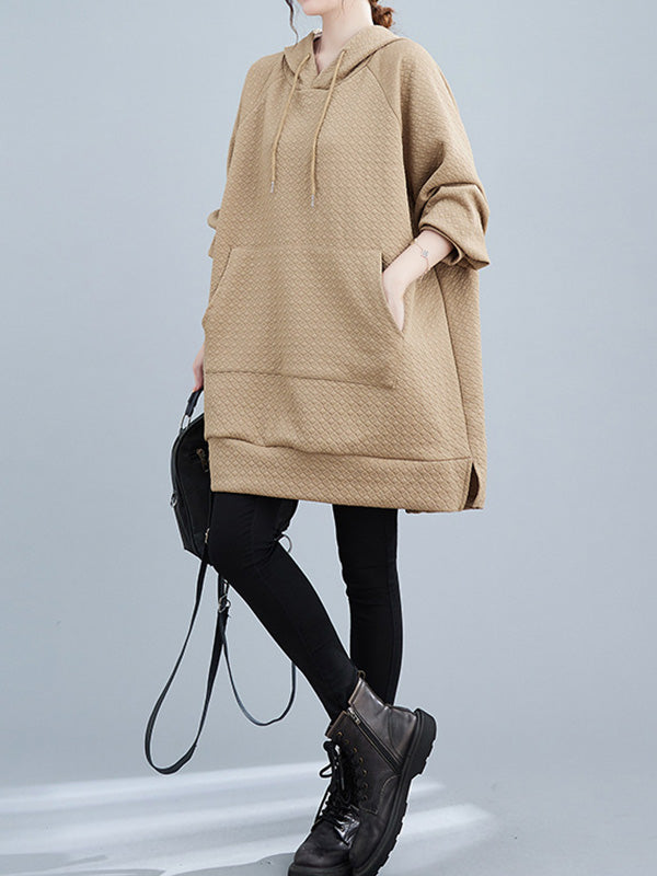 flowersverse Buttoned Drawstring Pockets Solid Color Split-side High-low Long Sleeves Hooded Hoodies Tops