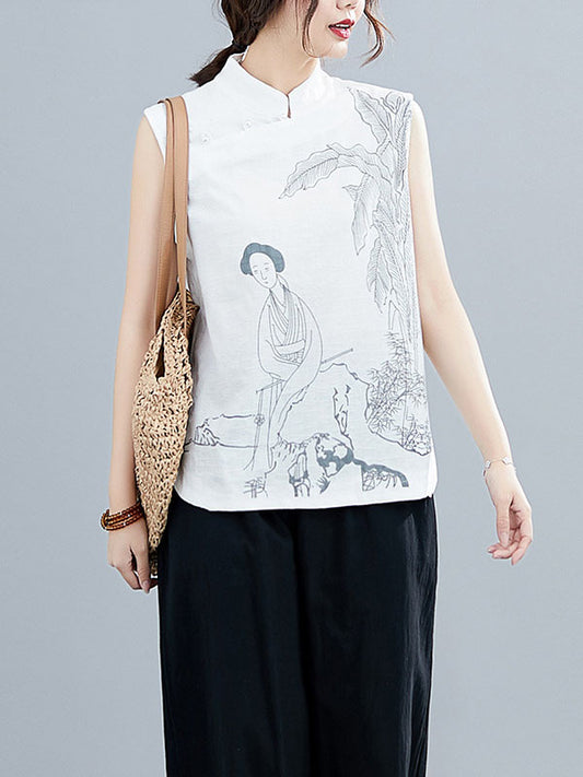 flowersverse Artistic Retro Chinese-Style Printed Buttoned Stand Collar Sleeveless Vest