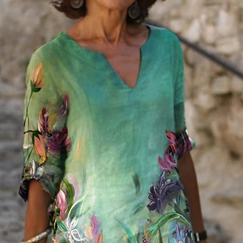 flowersverse Women's Casual Dress Shift Dress Mini Dress Green Half Sleeve Floral Print Winter Fall Spring V Neck Fashion Daily Vacation S M L XL XXL 3XL