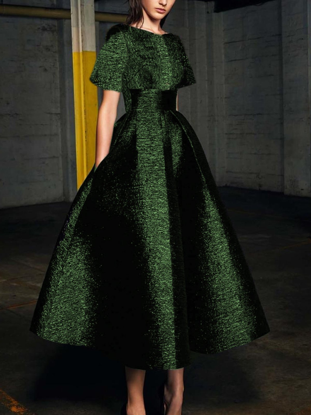 flowersverse Plain Elegant Short Sleeve Regular Fit Midi Party Dress