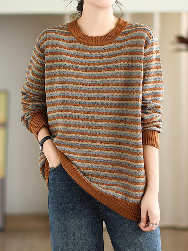 flowersverse Contrast Color Jacquard Velvet Long Sleeves Loose Round-Neck Sweater Tops Pullovers