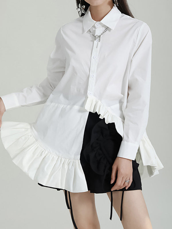 flowersverse Asymmetric Solid Color Cropped Long Sleeves Lapel Blouses&shirts Tops