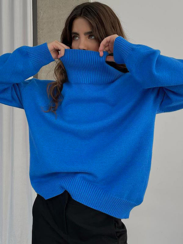 flowersverse Casual Long Sleeves Loose Solid Color High-Neck Sweater Tops