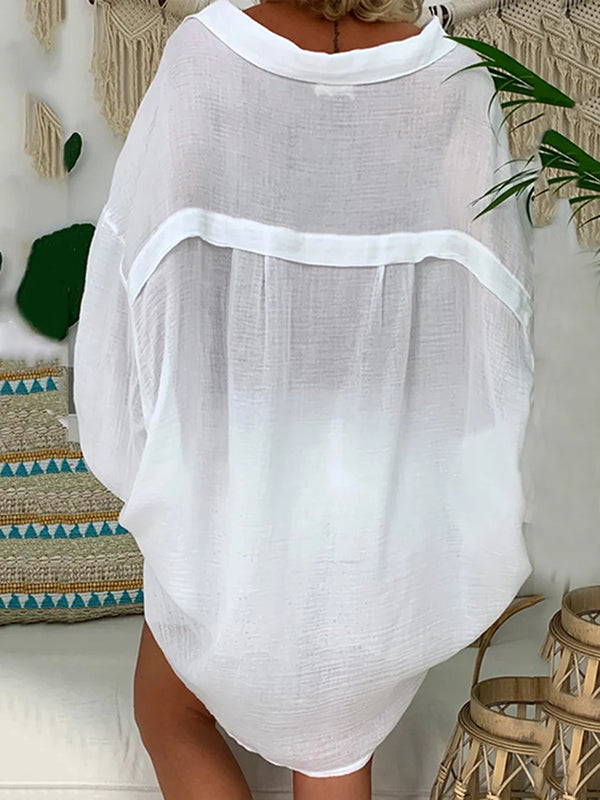 flowersverse Vintage Long Sleeves Buttoned See-Through Solid Color Lapel Blouses&Shirts Tops