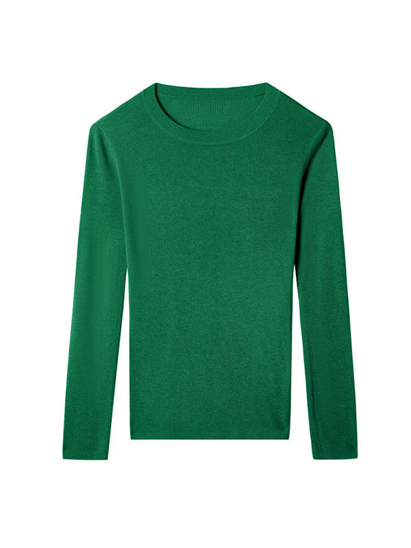 flowersverse Solid Color Long Sleeves Skinny Round-Neck Sweater Tops Pullovers Knitwear