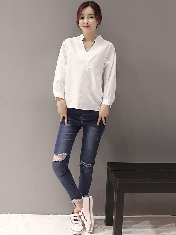 flowersverse Urban Stand Collar Solid Color Blouse Top