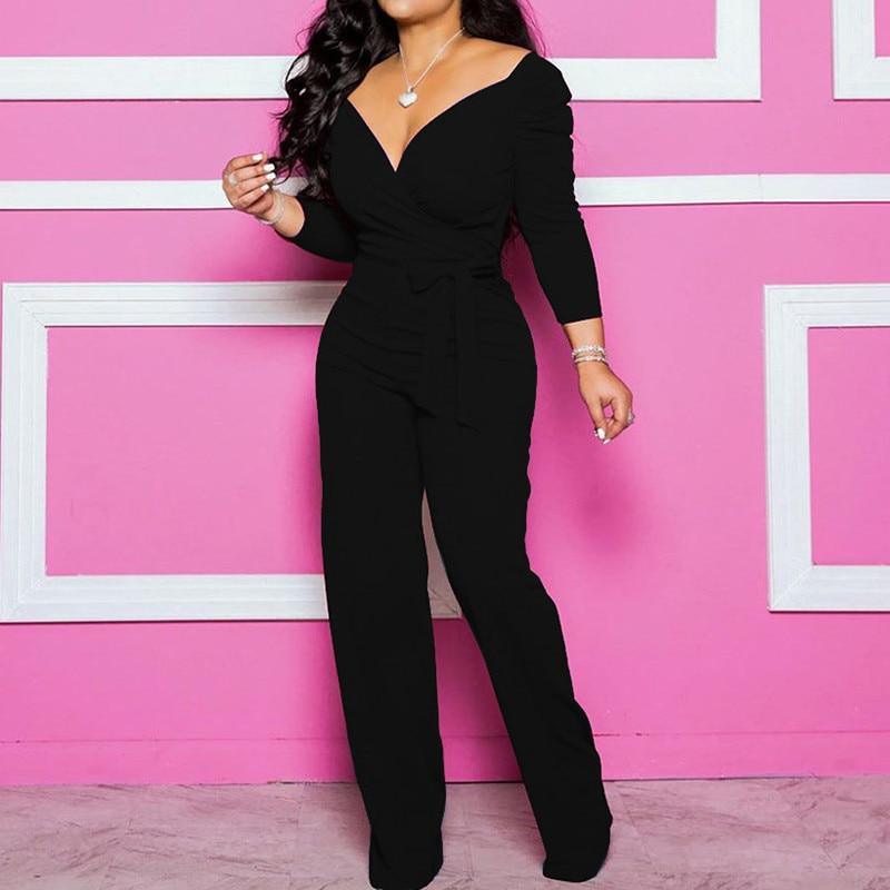flowersverse Plus size long sleeve rompers womens jumspuit Sashes wrap wide leg pants Elegant v neck overalls for woman Solid color palysuits