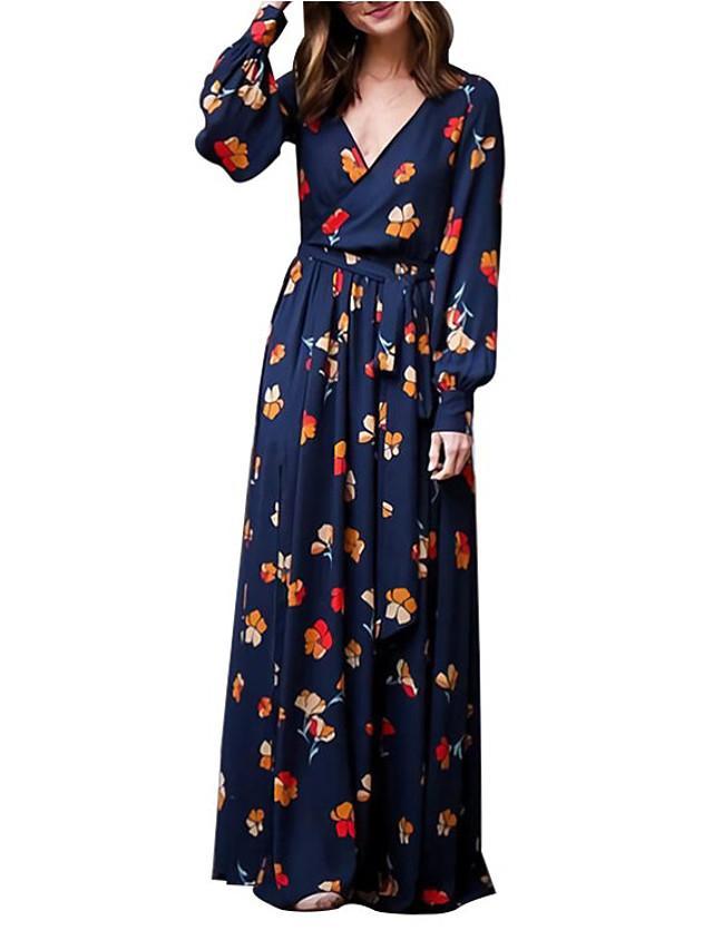 flowersverse Women's Chiffon Dress Maxi Long Dress Long Sleeve Floral Split Print Spring Casual Linen Royal Blue Black Dresses