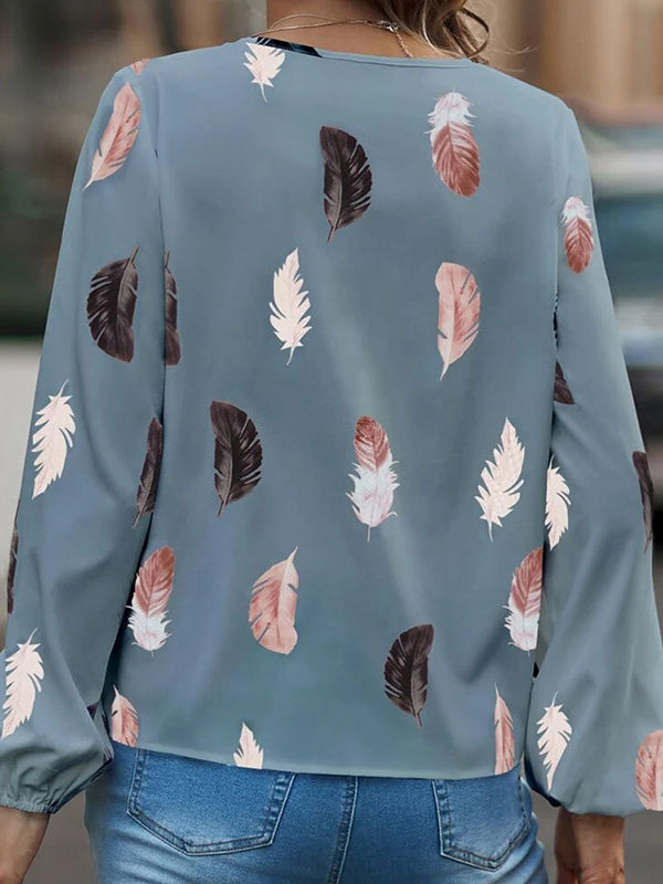 flowersverse Printed Long Sleeves Loose V-Neck Blouses&Shirts Tops