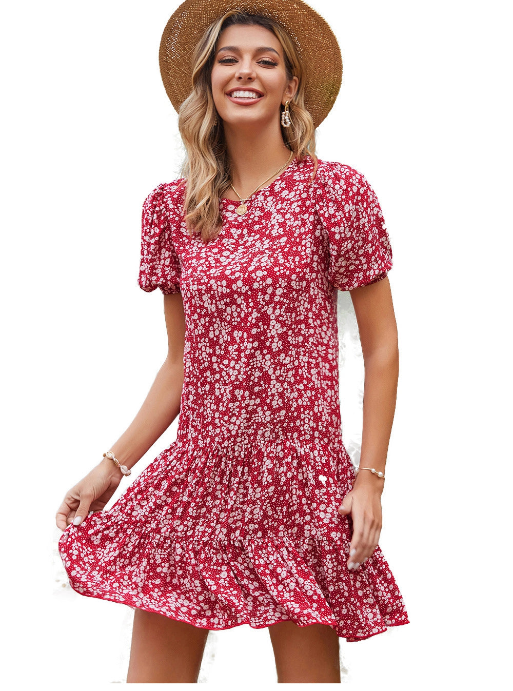 flowersverse Spring Summer Print Short Dress Women O Neck Ruffles Mini Floral Dresses For Women Casual High Waist