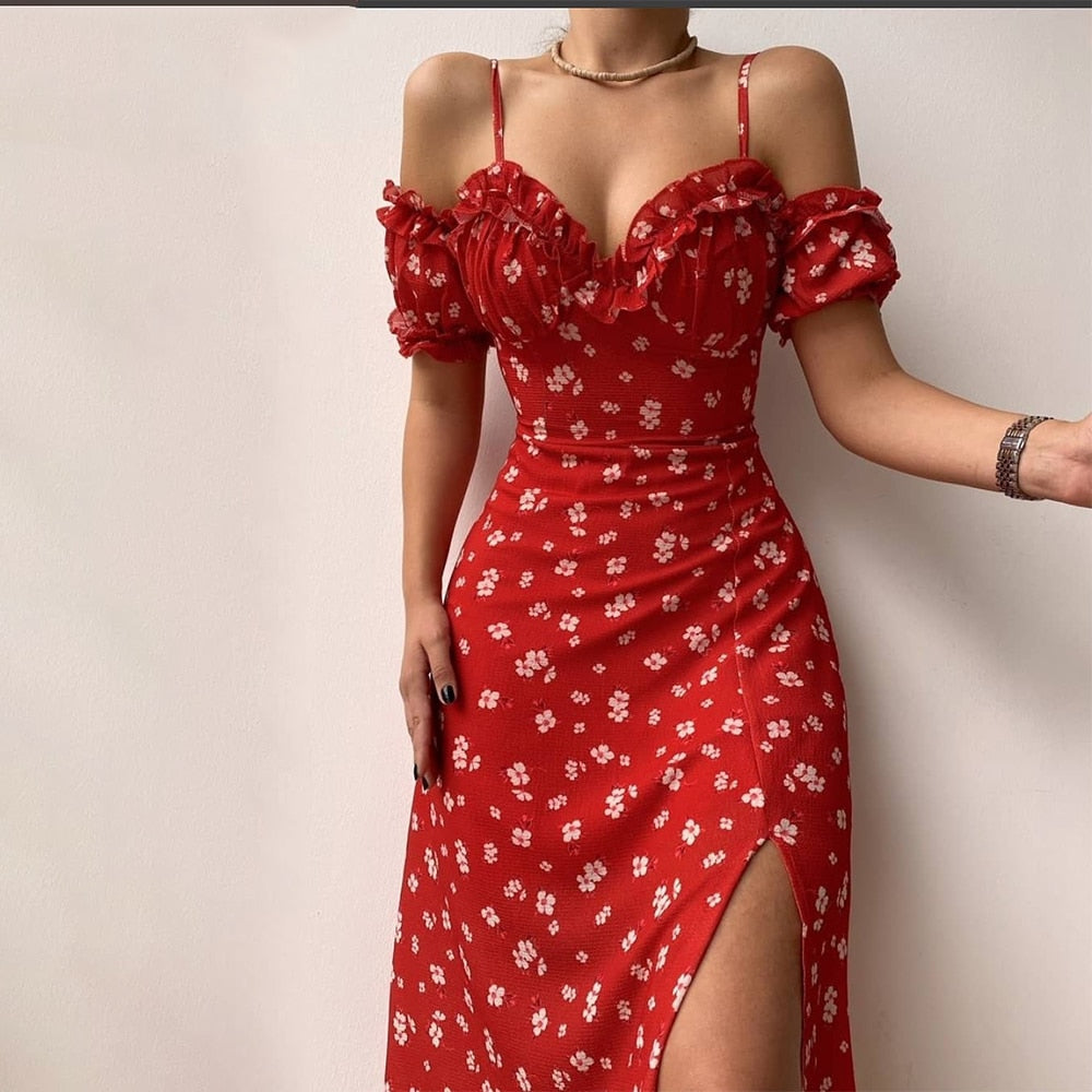 flowersverse Fashionkova Women’S Off Shoulder Frilly Suspender Dress Party Summer Ladies Short Sleeve V-Neck Split Mid-Length Dress Floarl A-Line
