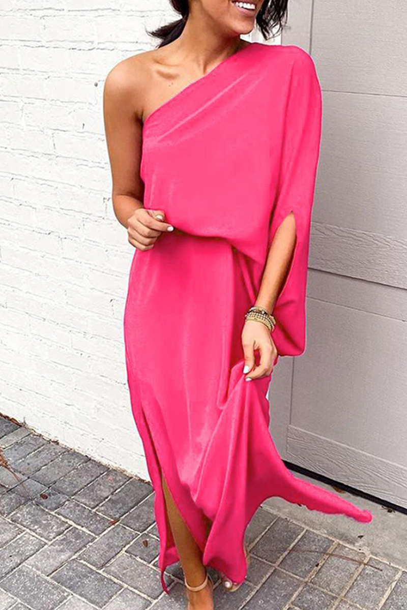 flowersverse Casual Solid Slit Asymmetrical Oblique Collar Dresses