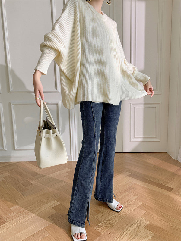 flowersverse Irregularity Loose Solid Color Batwing Sleeves Round-Neck Sweater Tops