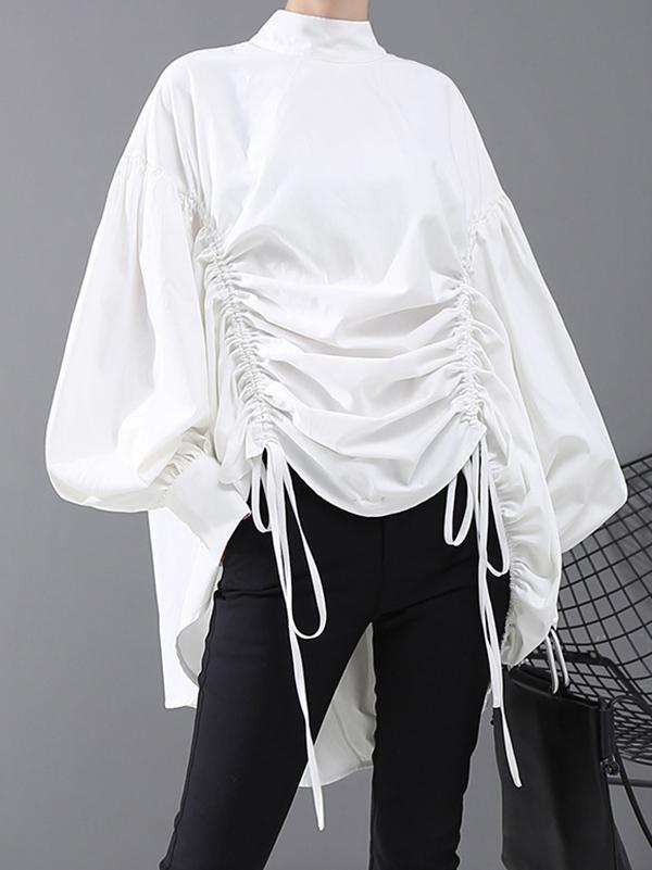flowersverse Drawstring Cropped Loose Stand Collar Shirt