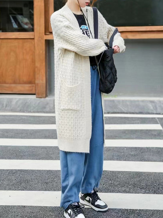 flowersverse Pockets Solid Color Long Sleeves Loose Collarless Cardigan Tops