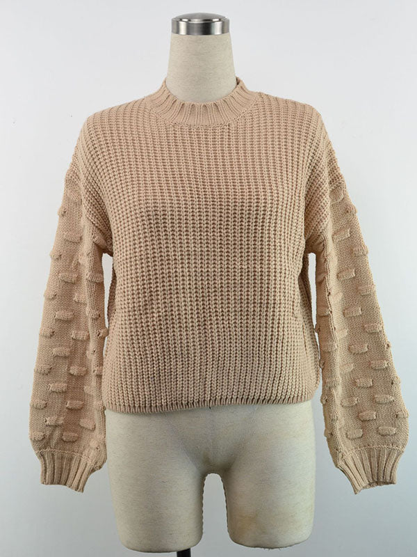flowersverse Trendy Tops Puff Sleeves Loose Solid Color Round-Neck Sweater Tops
