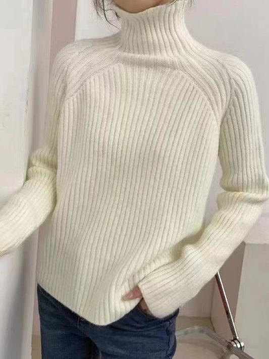 flowersverse Casual Long Sleeves Loose Solid Color High-Neck Sweater Tops