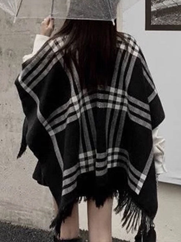 flowersverse Contrast Color Plaid Split-Joint Long Sleeves Loose V-Neck Cape