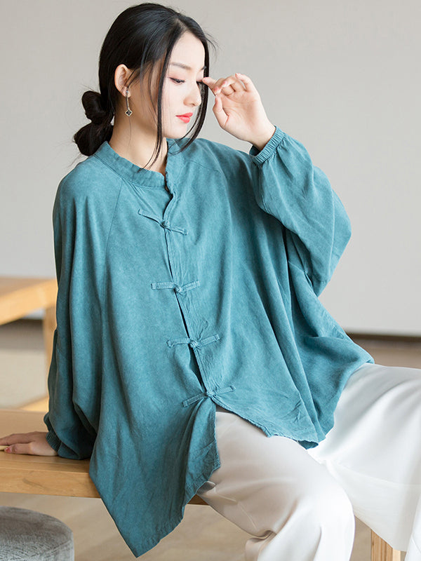 flowersverse Artistic Retro Loose Long Sleeves Buttoned Solid Color Stand Collar Blouses&Shirts Tops
